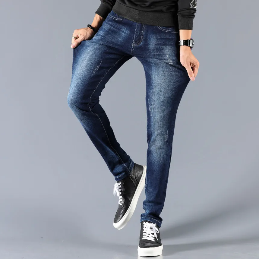 Fashion Trendy Korean Luxury Men's Slim Fit Denim Jeans with Ripped Cowboy Casual Spring Autumn Blue Stretch Skinny Jeans Male