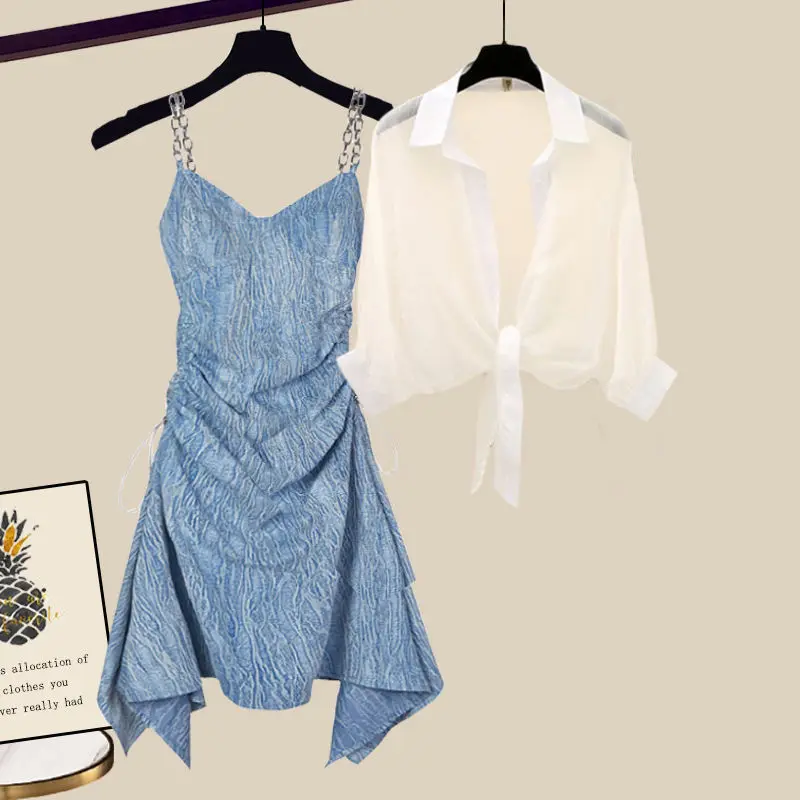 Camisa de chiffon com protetor solar feminina, Vestido dobrado com estampe, Mini vestido, Elegante, Sexy, Novo, Verão, Conjunto de 2 peças, 2024