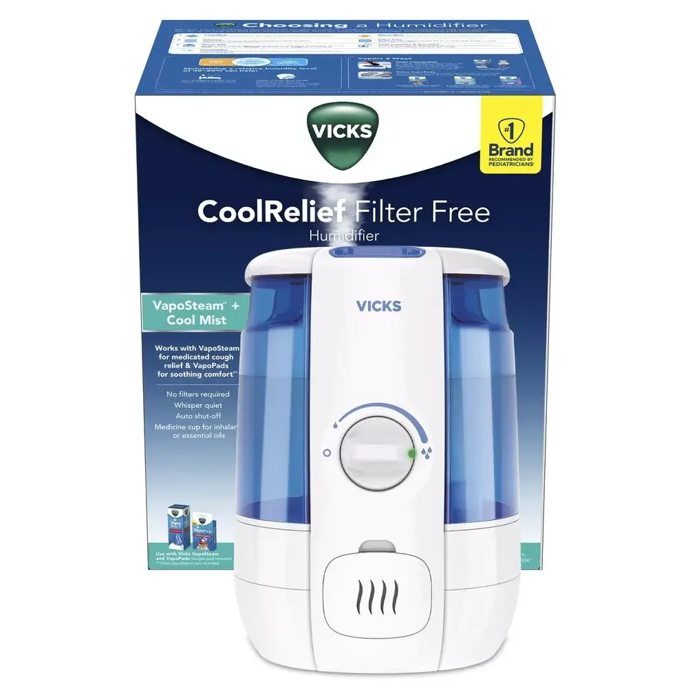 Cool Relief Filter-Free Ultrasonic Humidifier 1.2 Gallon 400 sq ft Bedroom Kids VapoPads Soothing Medicine Cup Lavender Auto