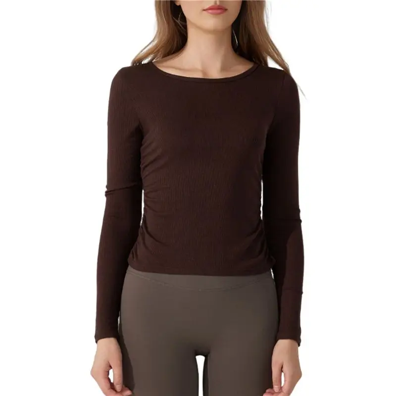 AEF6-Women's Round Neck Long-Sleeved Pullover Top Casual Sports T-Shirt Fall Winter Pleated Slim Yoga Wear