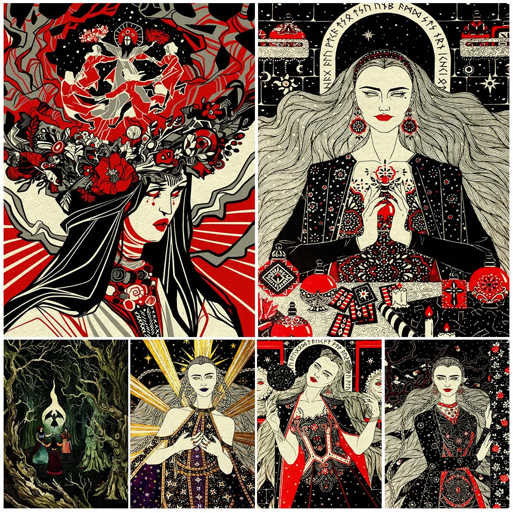

Magic Witch Folk Illustration,Art Poster And Print,Slavic Folklore Witch Vintage Wall Art Canvas Painting Home Decor Unframed