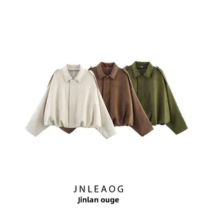 JNLEAOG Autumn New Women's Faion Design 3 Colors Faux Suede Texture Pilot Jaet Outerwear French Sle Loose Fit Polyester