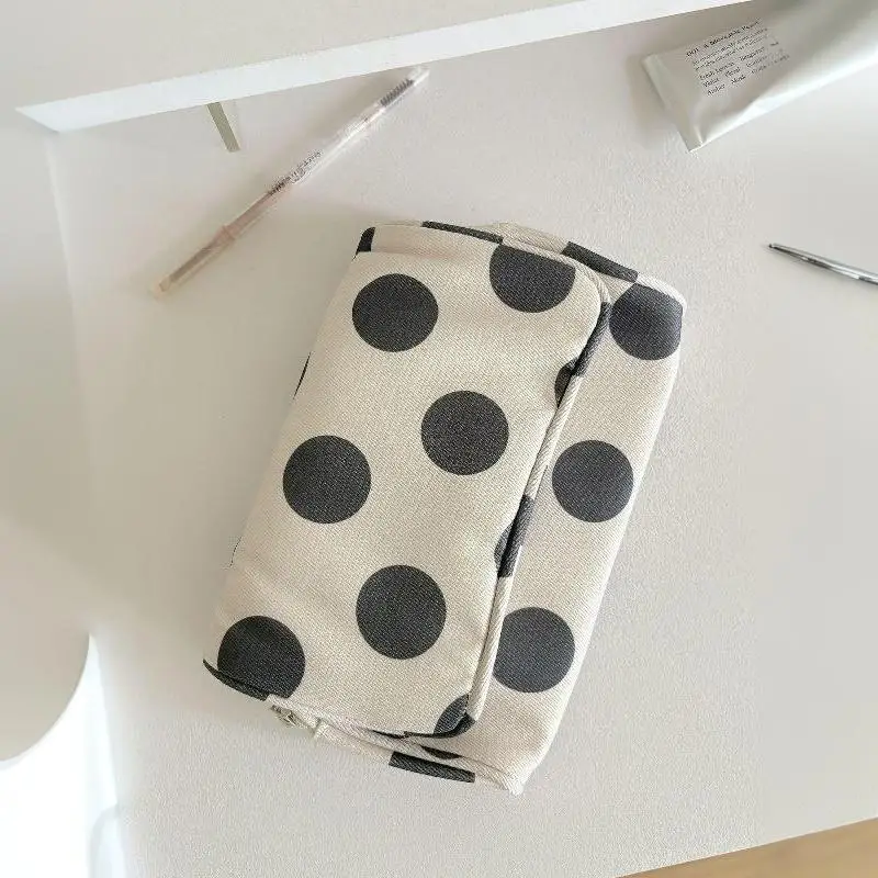 Große Kosmetiktasche mit Polka-Dots und eingebautem Spiegel, tragbare, faltbare Reißverschluss-Make-up-Tasche, Reise-Schönheits-Aufbewahrungs-Organizer für Frauen – Detail 8