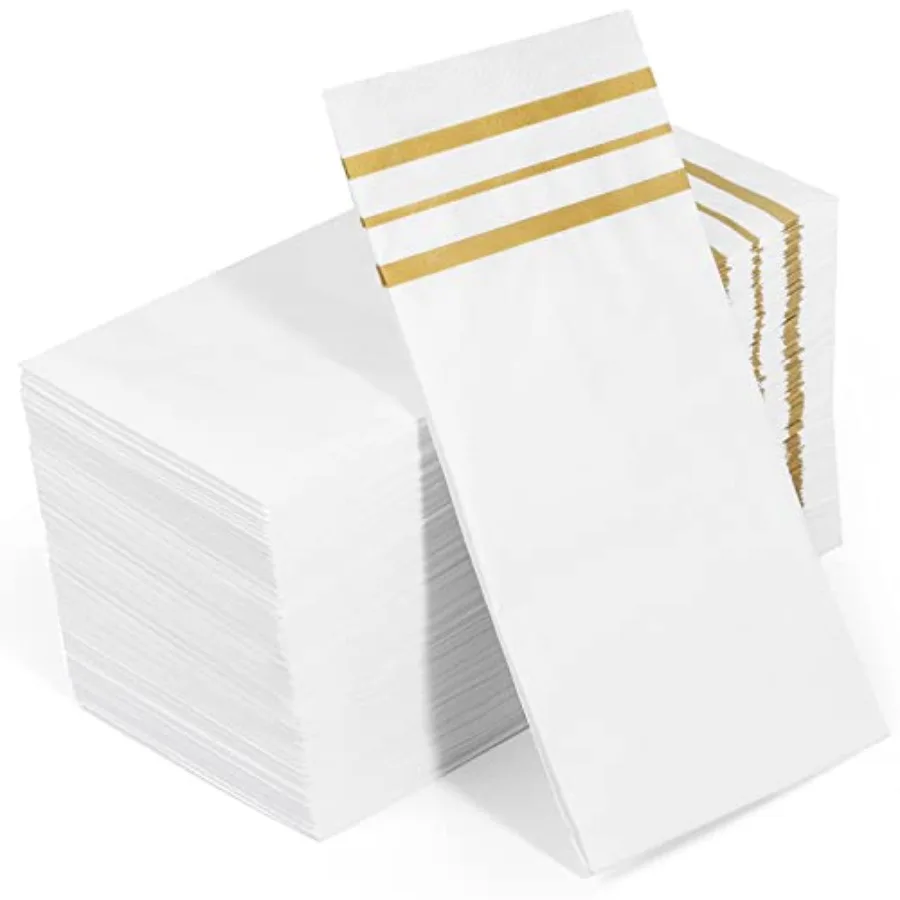 Servilletas de papel para cena, color blanco y dorado, toallas de mano desechables para cocina, baño, evento de fiesta de boda, suaves y absorbentes, 100 Uds.