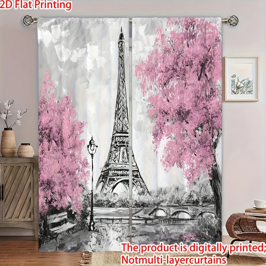 2PCS Digital Printed Curtains, Pink Cherry Tower Design, Japanese Style Rod Pocket for Living Room Bedroom Kitchen Home Decor