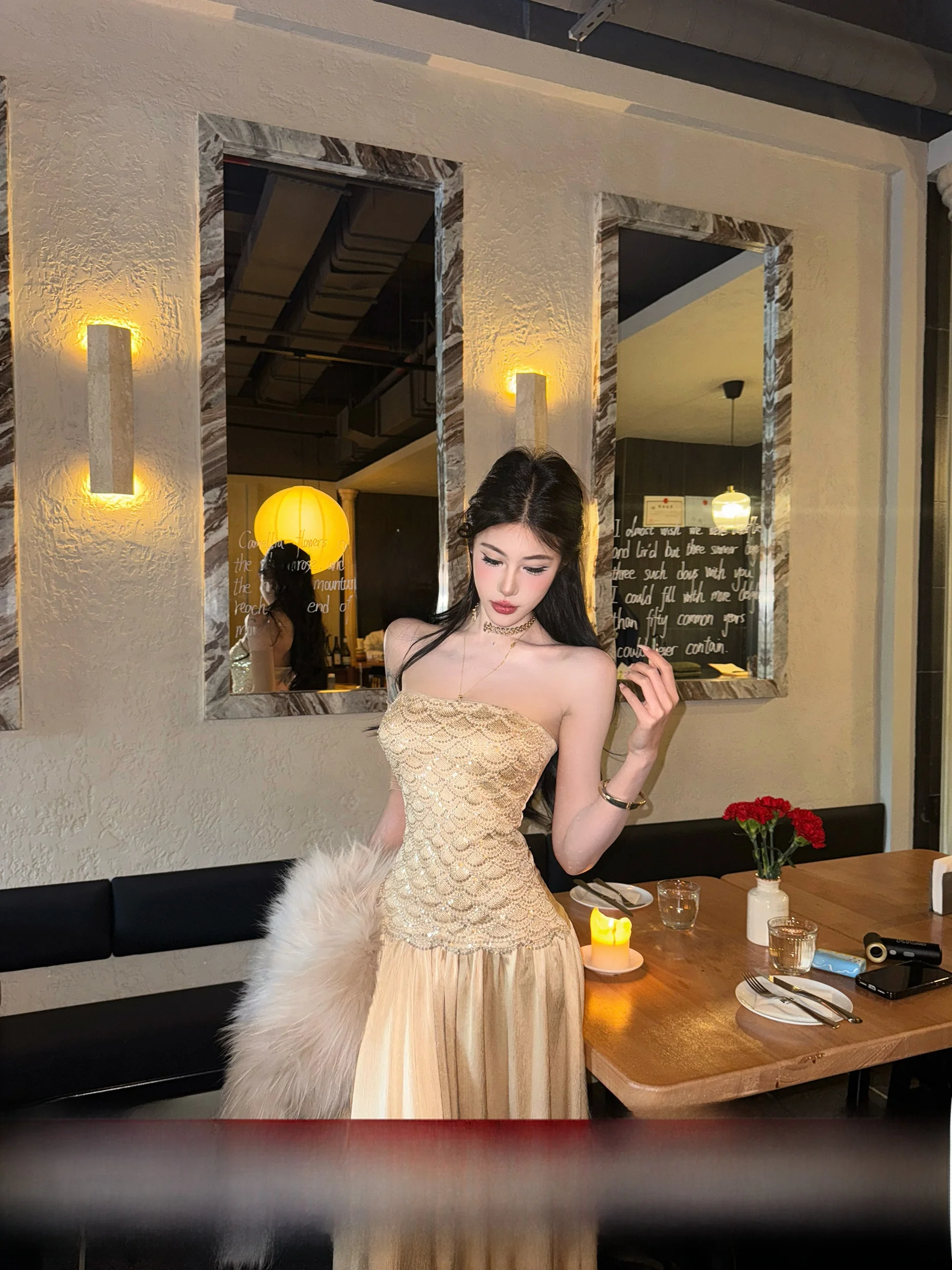 

Ele Sexy Beaded Set Heavy Work Missy Gown N25Q308 Women's Sexy Svel Dr mid Waist Invisible Zipper A-Line Skirt