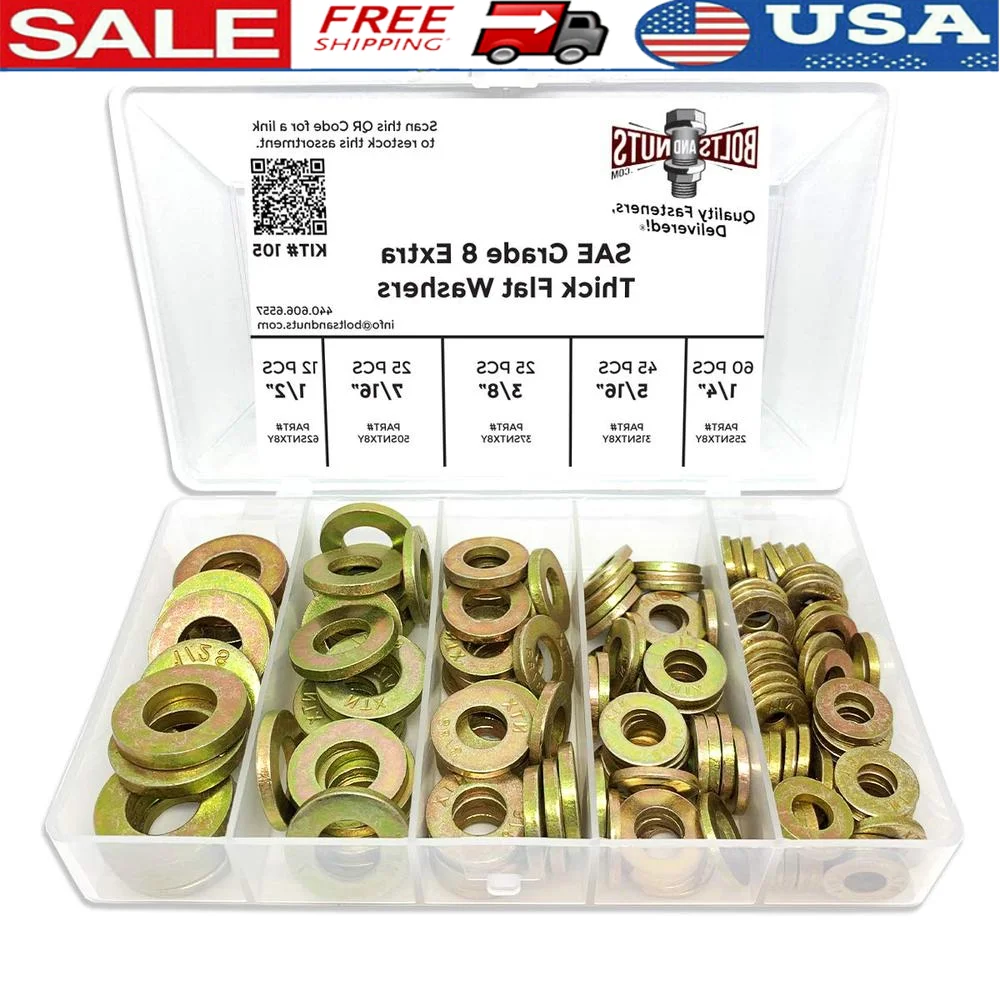 

Grade 8 SAE Extra Thick Flat Washer Kit 168 Pieces Heavy Duty Washer Assortment 1/4 5/16 3/8 7/16 1/2