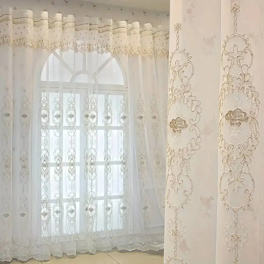 1pc White Rose Embroidered Sheer Curtains, Lace Valance Integrated, European Luxury Light Filtering for Living Room Bedroom