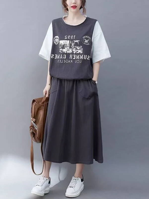 

High-End Color Block Top And Skirt Set Casual Summer Slimming Two-Piece Women's Ensemble Polyester A-Line Midi Skirt