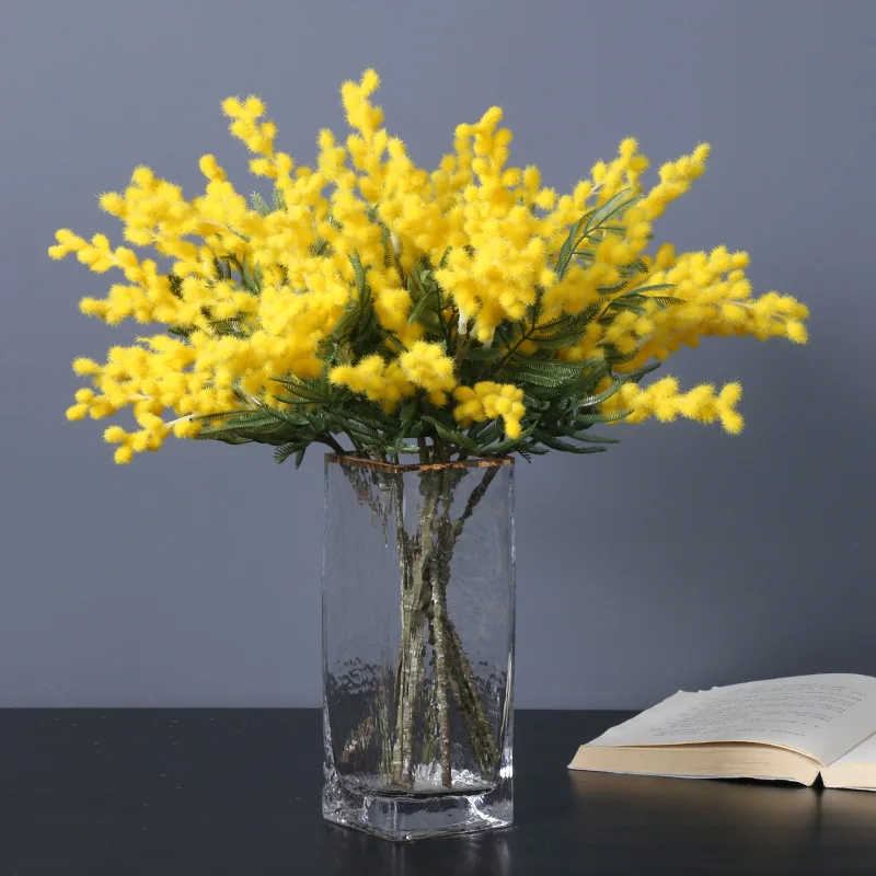 1pcs Artificial Flower Fake Acacia Yellow Mimosa Plush Pudica Spray Cherry Silk Flower Wedding Home Decoration Red Bean Plant