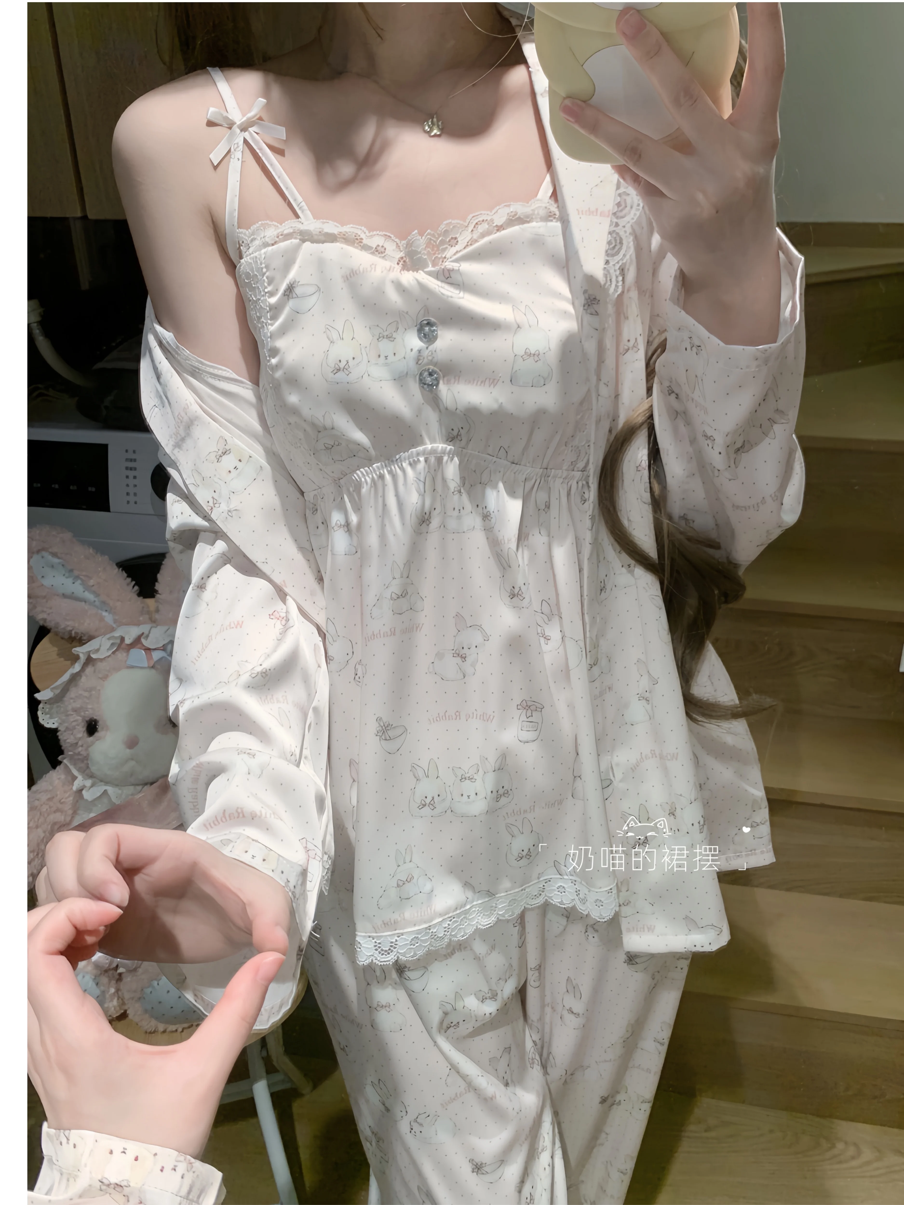 Japanese Sweet Girl Cute Cartoon Printed Ice Silk Pajamas Suspender Ice Silk Casual Comfortable Soft Outdoor Loungewear Set