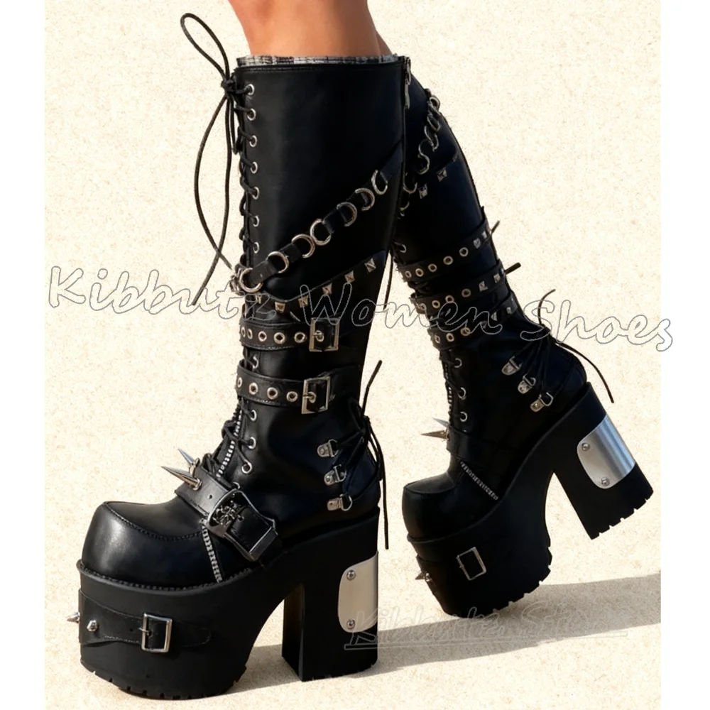 حذاء برقبة للركبة منصة المسامير الشرير الصخرة الجدة موضة موجزة مثير جولة تو صندل بكعب مكتنز النساء أحذية جلدية بلون جديد #4