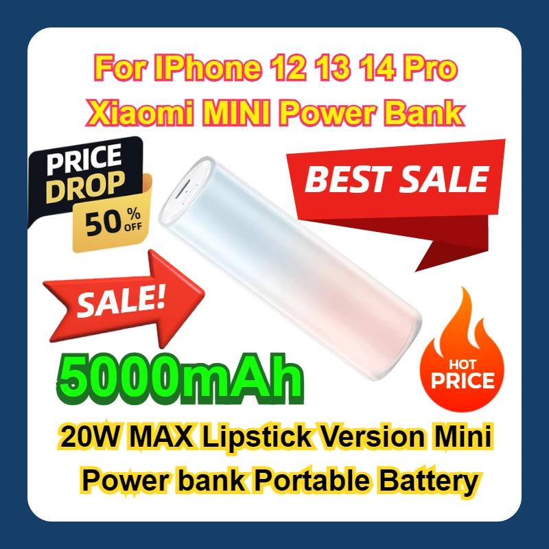 

5000mAh 20W MAX Lipstick Version Mini Power bank Portable Battery For IPhone 12 13 14 Pro Xiaomi Power Bank MINI