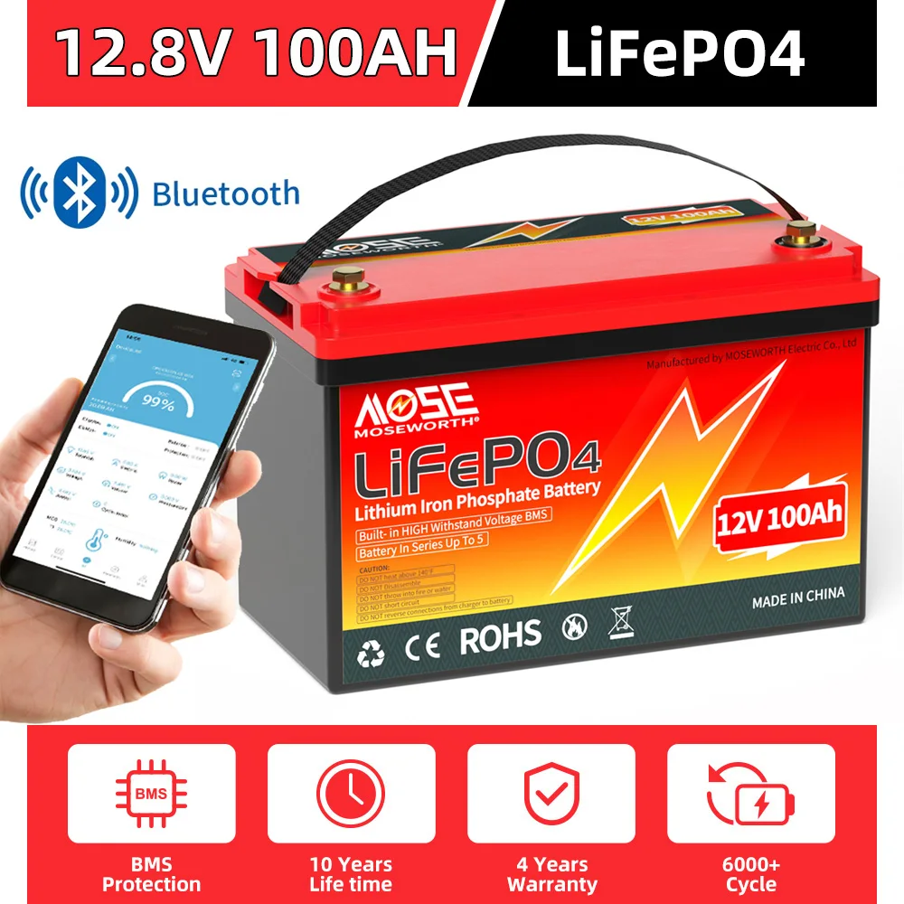 LiFePO4 Battery 12V 100Ah Lithium Iron Phosphate Battery 6000+ Cycle With Bluetooth BMS Rechargeable Batteries For RV Boat Solar