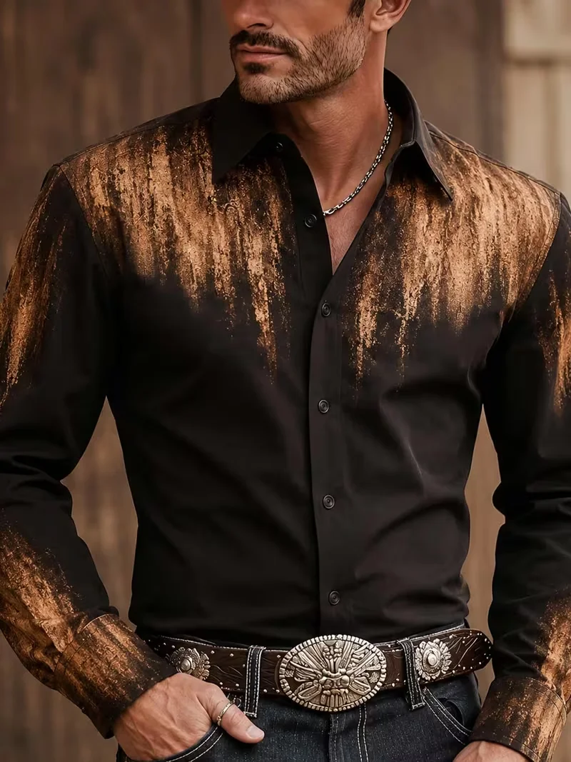 New men's gradient phoenix tail Baroque symmetrical rolled grass print long sleeved shirt with lapel top clothing