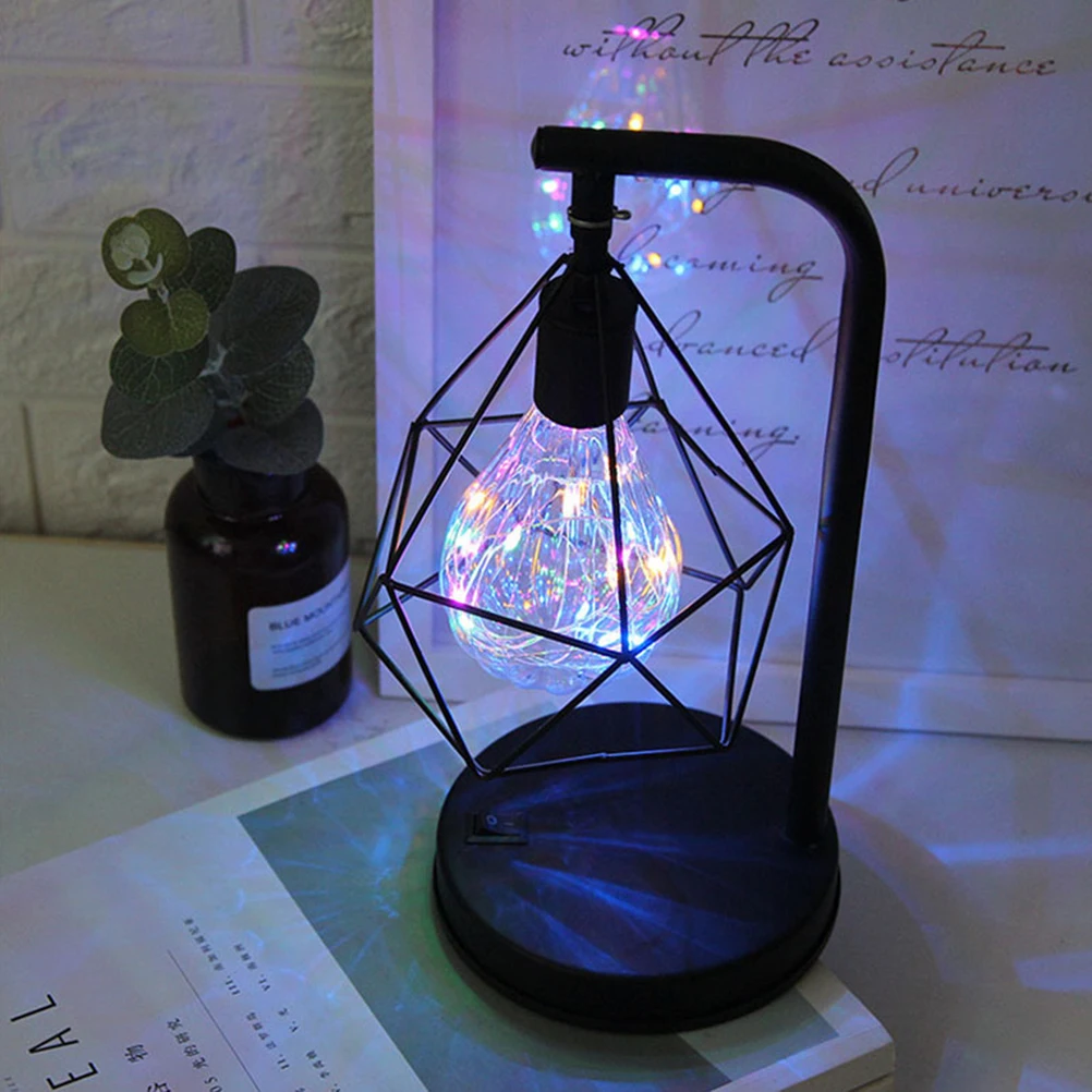 

LED Wrought Iron Lamp Cage Table Industrial Decorative Bedside Light Metal Shade