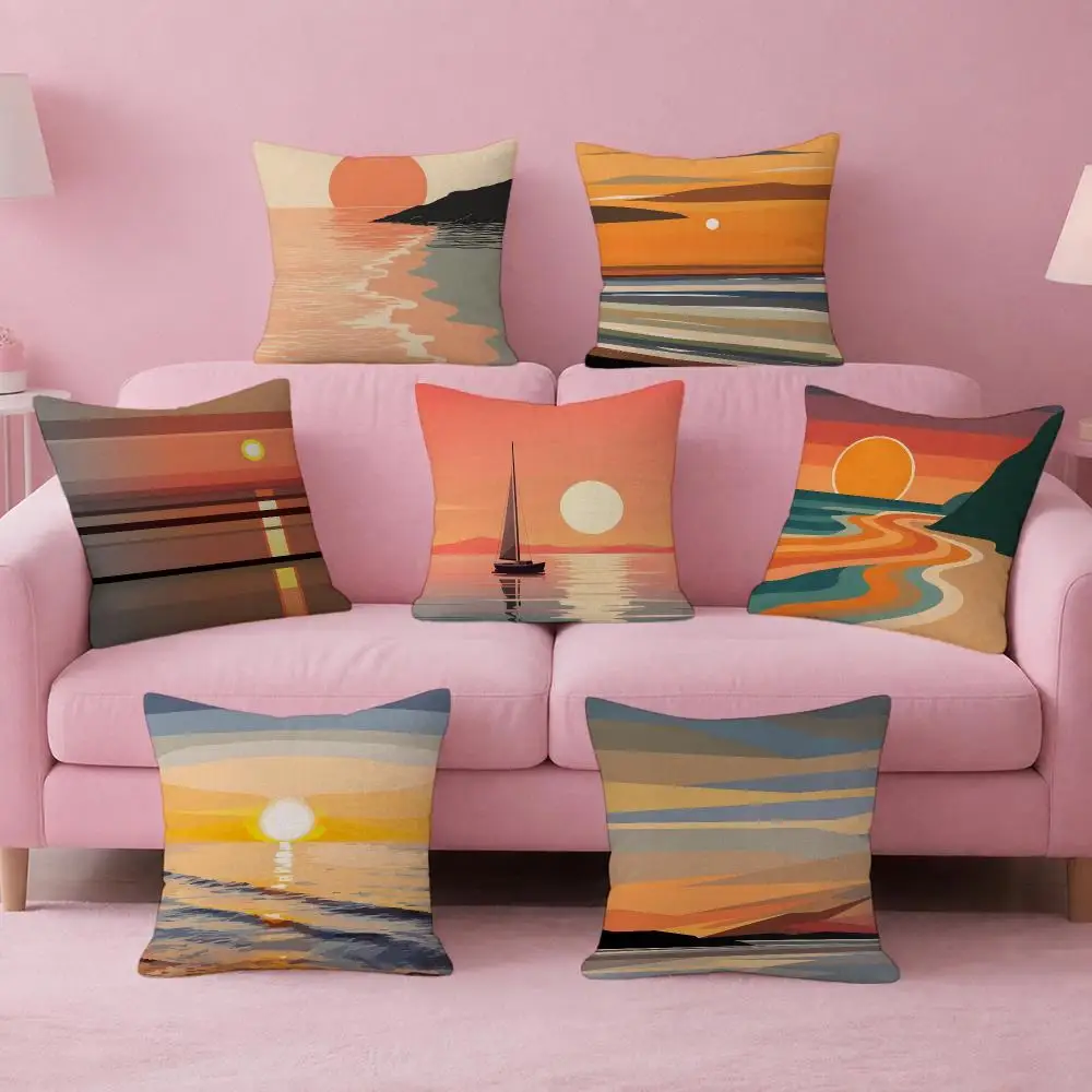 Art Minimal Flat Ocean Sunset Cushion Cover Pink Linen Texture Cushion Cover Double Sided Invisible Zipper Deco
