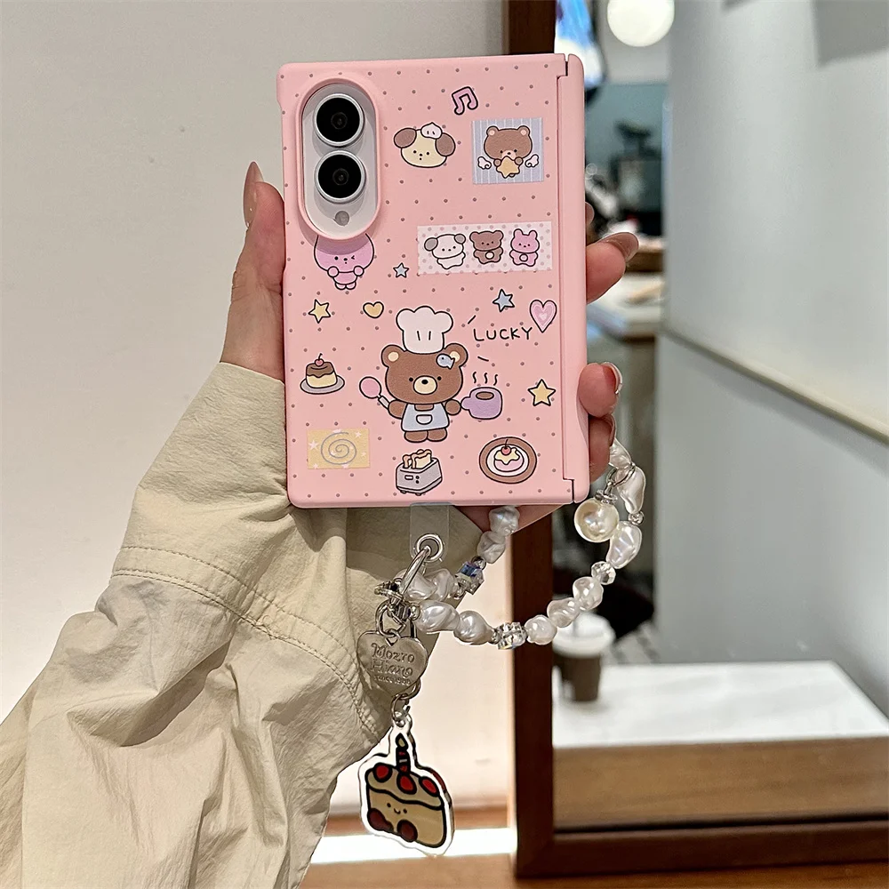 Korean Ins Chef Bear Coffee Phone case for Samsung Galaxy Z Fold 8 fold 8 Funda With Stand Chain Fashion Shockproof Cover