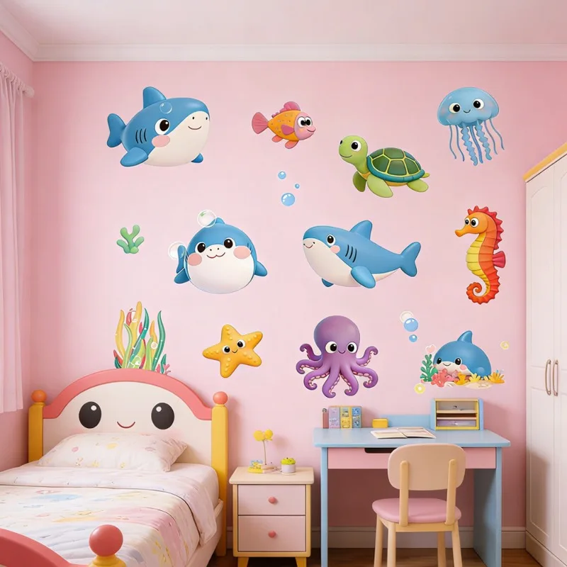 Self-Adhesive Removable Ocean Animal Wall Decals, Waterproof Shark Turtle Octopus Wall Stickers for Bathroom, No Damage to Walls