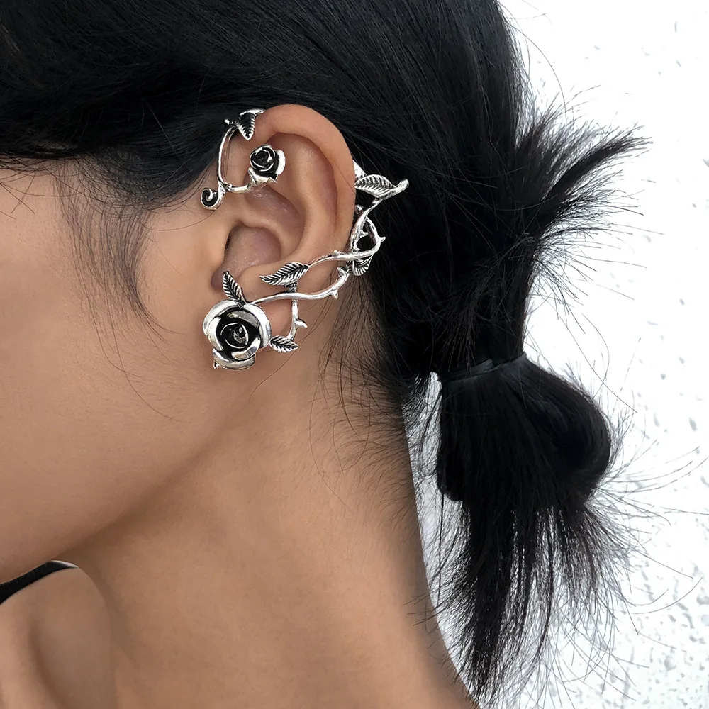 Distressed Gothic Ear Cuffs Punk Rose Thorn Earrings Cobweb Snake Non-Piercing Adjustable Statement Jewelry Concert-Ready