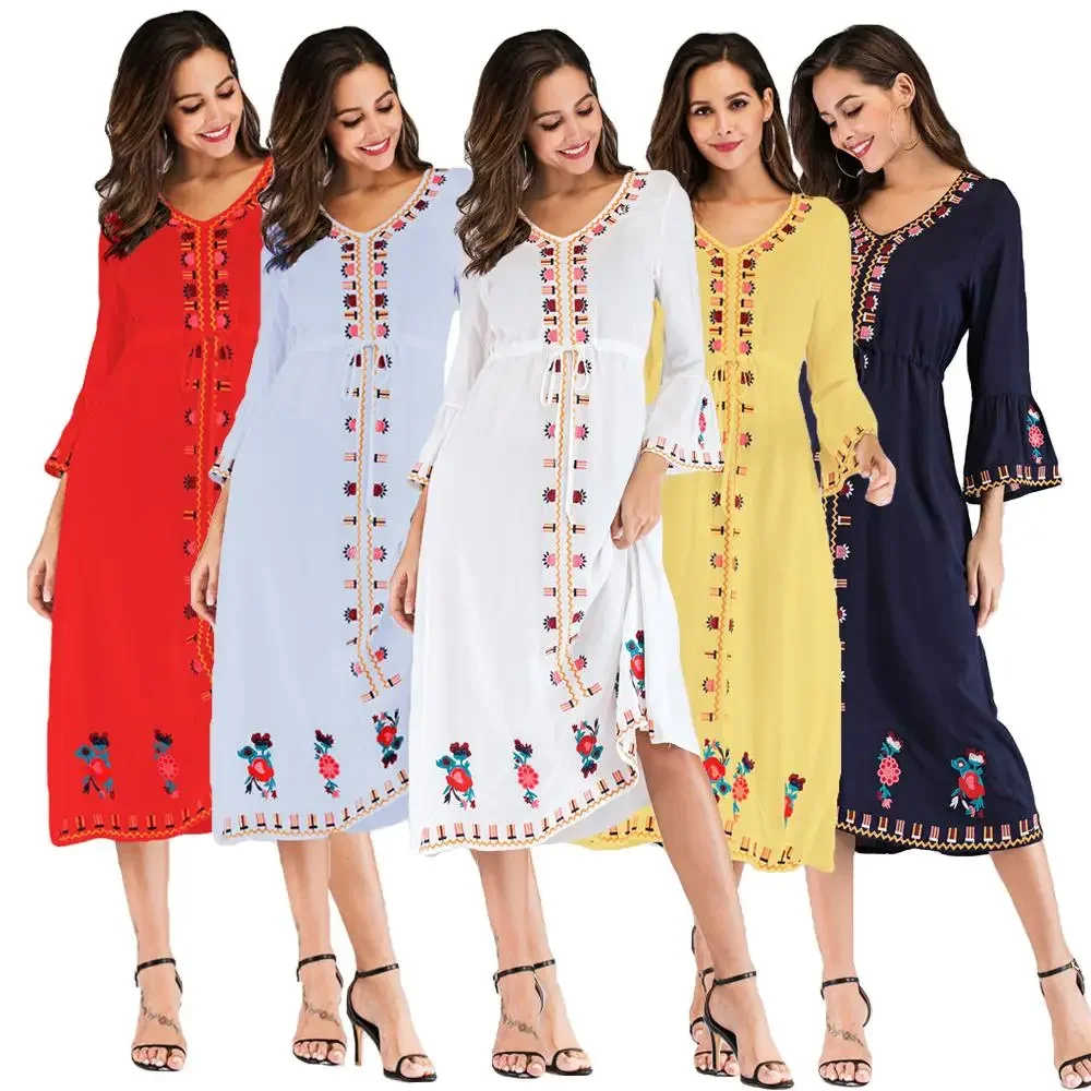 Fashion Ukrainian Women Embroidered Dress Vyshyvanka Boho V-Neck Ethnic Summer Cocktail Vintage Flare Sleeve Mid-Calf Sleeve