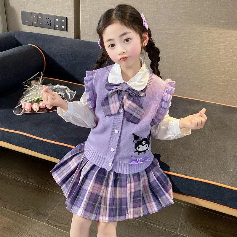 Anime Sanrioed Kids 3Pcs Set Kawaii Cinnamoroll Kuromi Melody Girl Fashion Spring College Style Cardigan Shirt Pleated Skirt Set