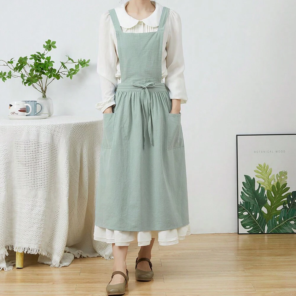 Kurze nordische Wind Falten rock Baumwolle Leinen Schürze Frauen Mädchen Vintage Schürze Gartenarbeit Cross Back Träger Kleid – Detail 8