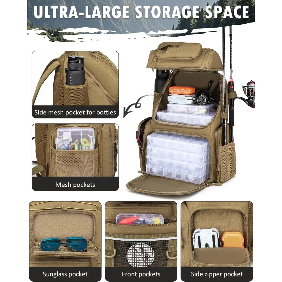 حقيبة ظهر لصيد الأسماك من هامبولي مع صناديق أدوات صيد السمك 50 لتر مع حامل قضيب تبريد حقيبة معالجة مقاومة للماء للرجال #4