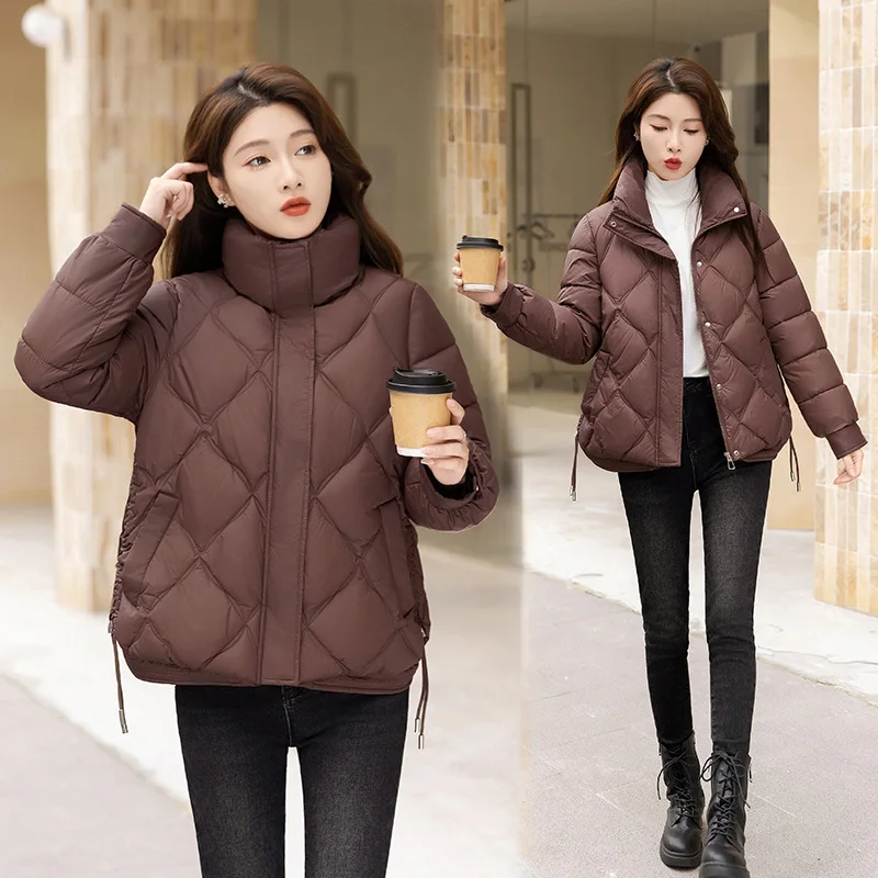 Women's Short Winter New Style Diamond Grid Fashion Cotton Jacket Loose Warm Parkas