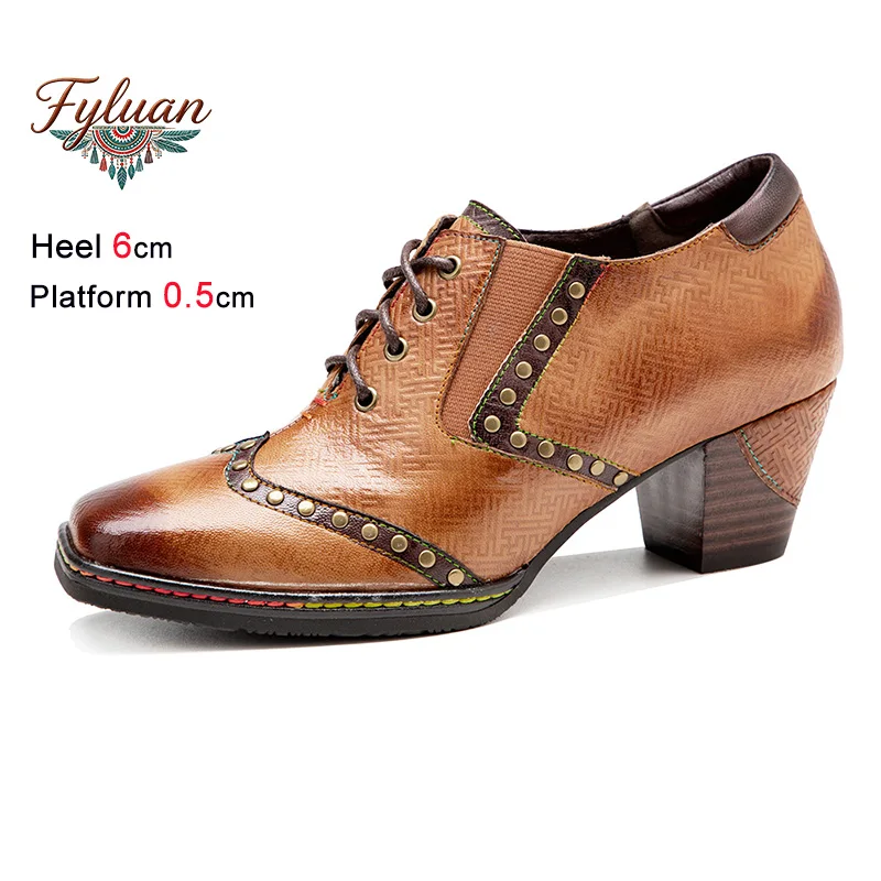 

Square Toe Rivets High Heels For Women sheepskin Leather Shoes 6CM Block Heeled Britain Style Shallow Mouth Lace-up Retro Pumps