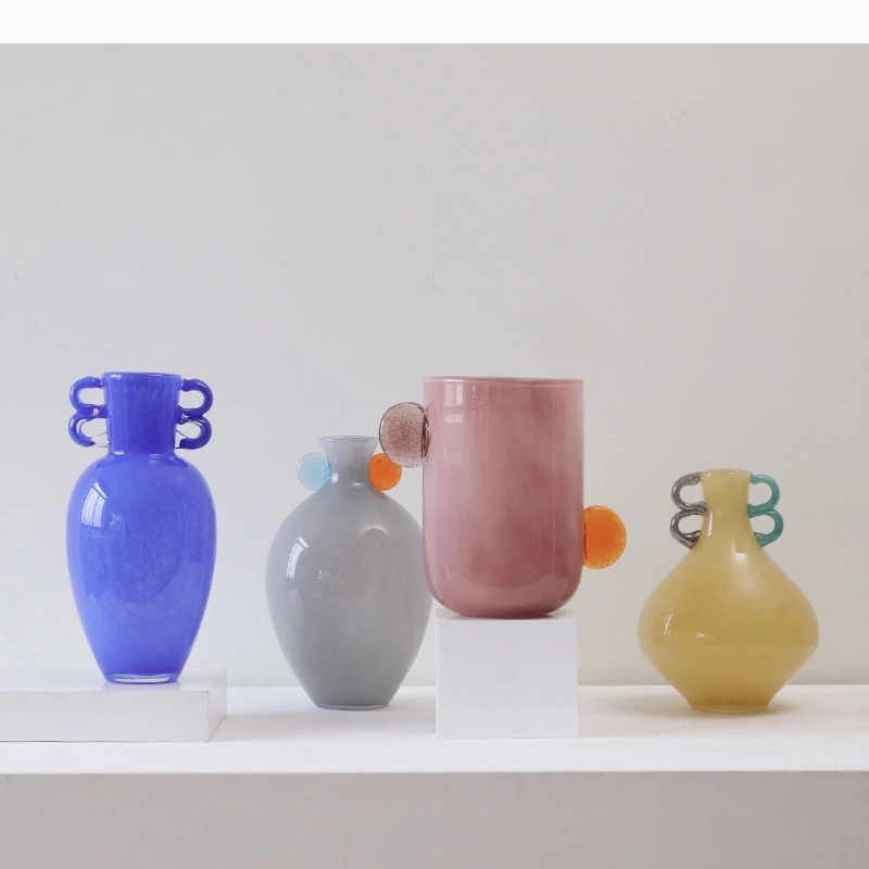 Colored Geometric Glass Vase Double-eared Glass Bottle Flower Vase Hydroponics Terrarium Home Decoration Accessories