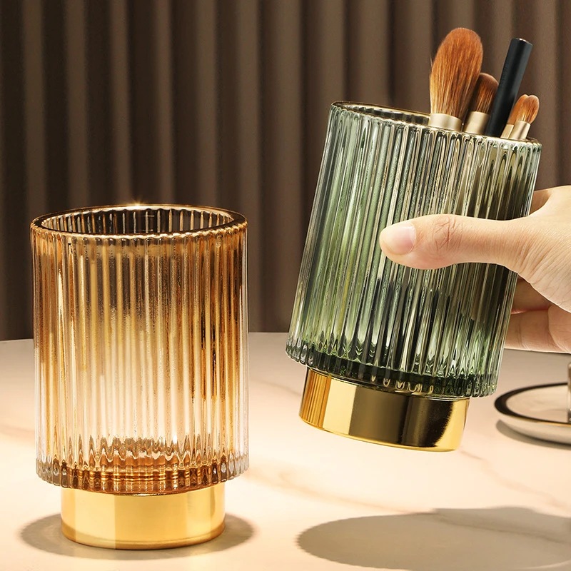 

Light Luxury Gold Margin Thickened Glass Storage Bucket Pen Holder Storage Jar Cup Makeup Brush Vase Desktop Decoration
