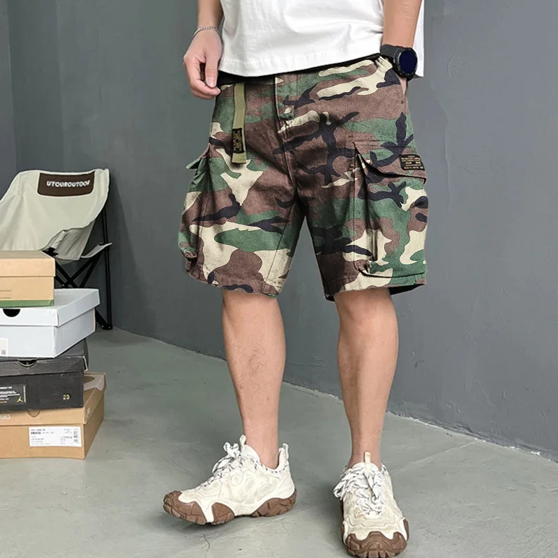 Calções masculinos com vários bolsos e camuflagem de carga, streetwear japonês de alta qualidade, calças táticas casuais masculinas, roupas Harajuku de verão