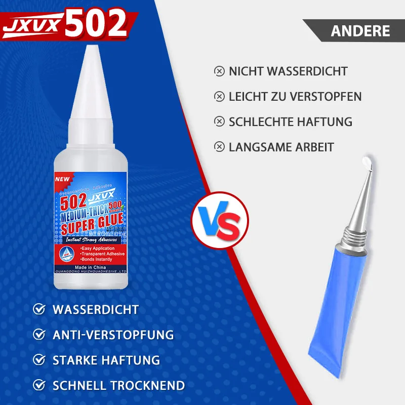 JXVX 1-3 قطع 502 غراء فائق السرعة سريع الجفاف لاصق سيانو أكريليت للجلد والمطاط والخشب والمعدن أداة غراء سائل قوية الترابط 10 ثوانٍ للترابط، مقاوم للماء مع موزع دقيق.