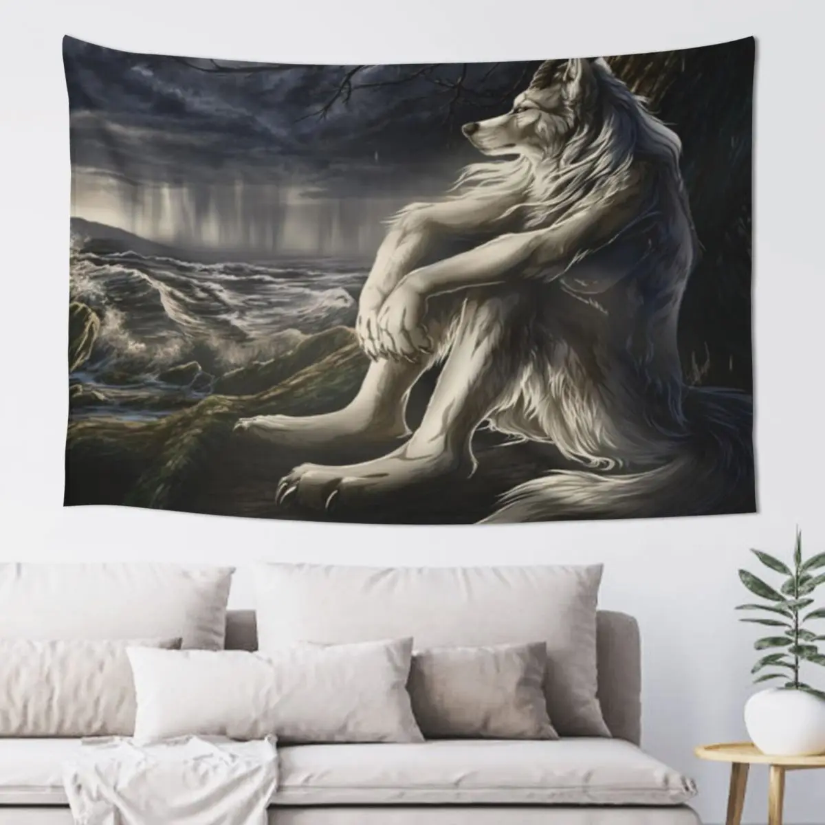 

emo white wolf sitting sad meme Tapestry Home Decorations Aesthetic Wall Hanging Bed Room Decoration Tapestry