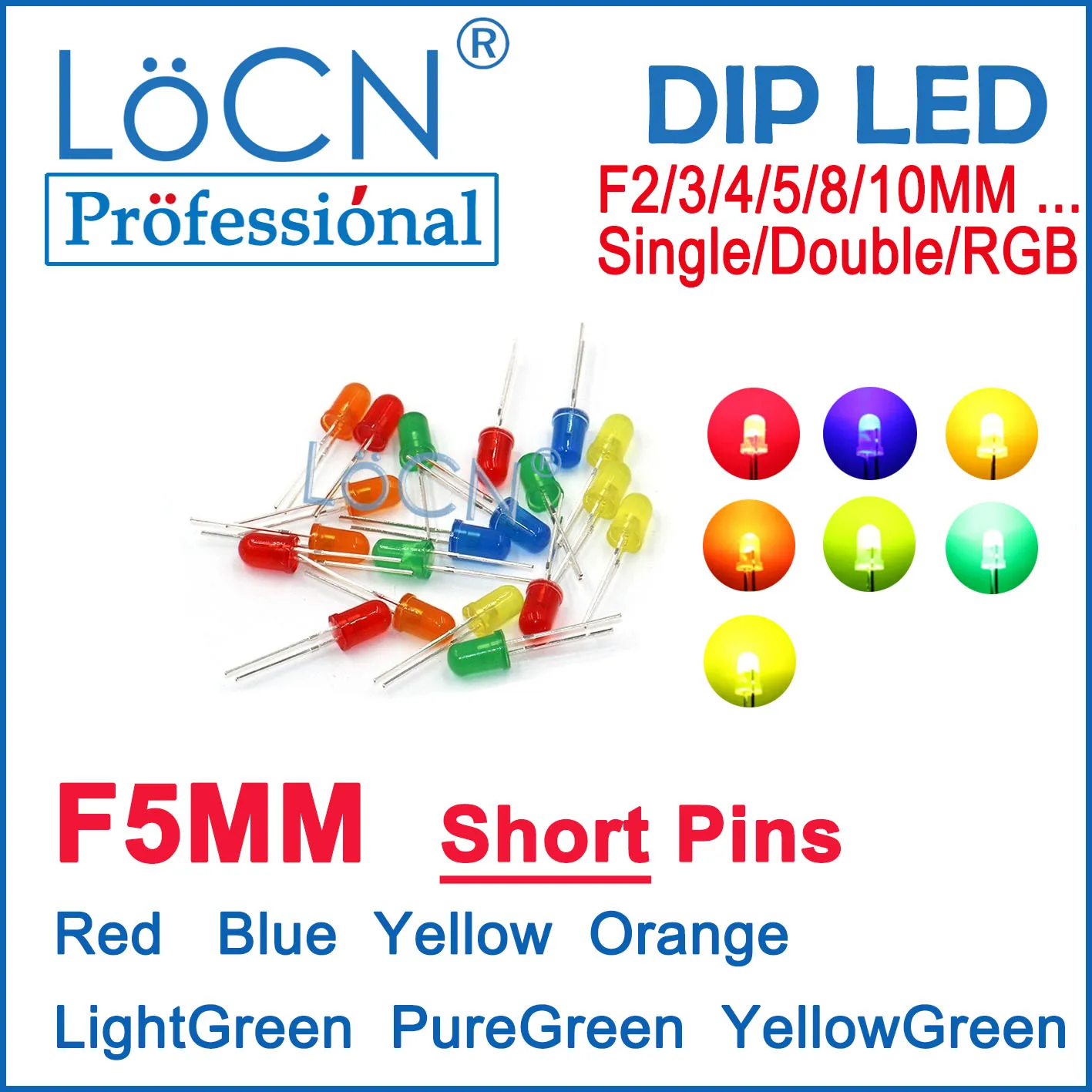 LoCN 1000pcs LED Diodes F5 5MM Red Blue Yellow Orange Pure Green Light Green Yellow Green Short Pins