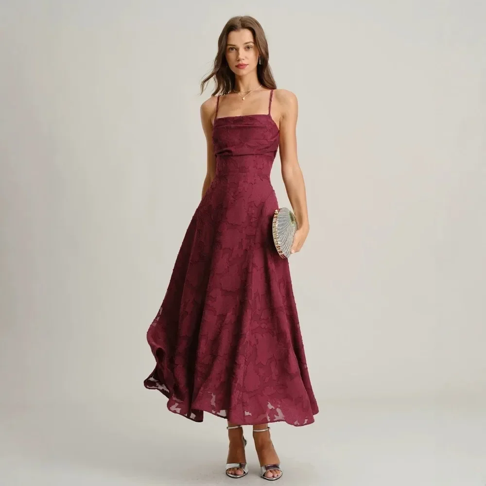 Women Retro Jacquard Spaghetti Strap Evening Dress Square Neck Slim Fit Maxi Gown Elegant Banquet Party Vacation Resort New