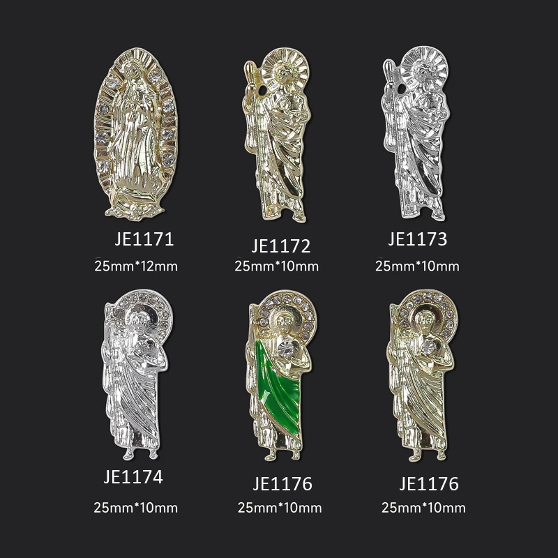 10szt San Judas 3D Nail Charms Green Silver Gold Virgin Mary Nail Art Rhinestones With Bling Diamond Metal Manicure Jewelry