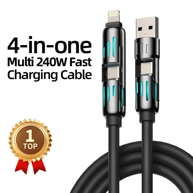 4-in-1 USB Charging Cable ( Free Storage Bag), fast charging MAX 240W USB A TYPE C Lightning for iPhone 16/15 Samsung Galaxy