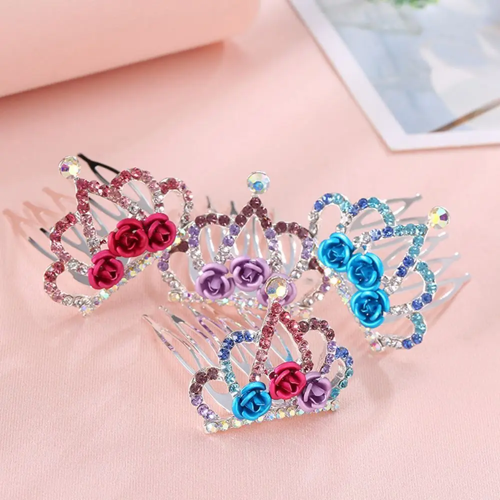 Mini Cute Rose Flower Crystal Rhinestone Princess Crown Hair Comb Birthday Party Tiaras For Girls Kids Hair Jewelry Accessories