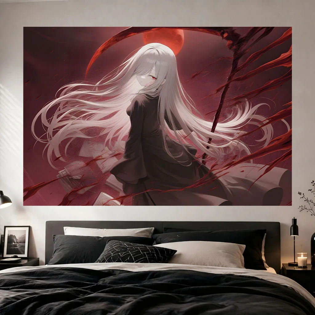 Gothic Grim Reaper Anime Girl Wall Tapestry White Hair Red Moon Scythe Art Wall Hanging Dorm Bedroom Aesthetic Home Background