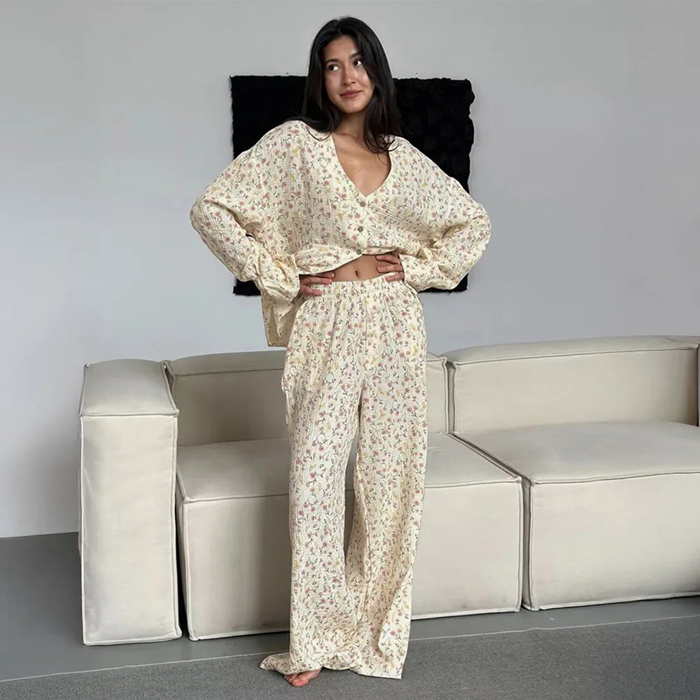 

New Two Piece Pant Set Printed Pajama Set Women's New Autumn Long Sleeved Pants Pajamas Loose Home Clothing 2-piece Set