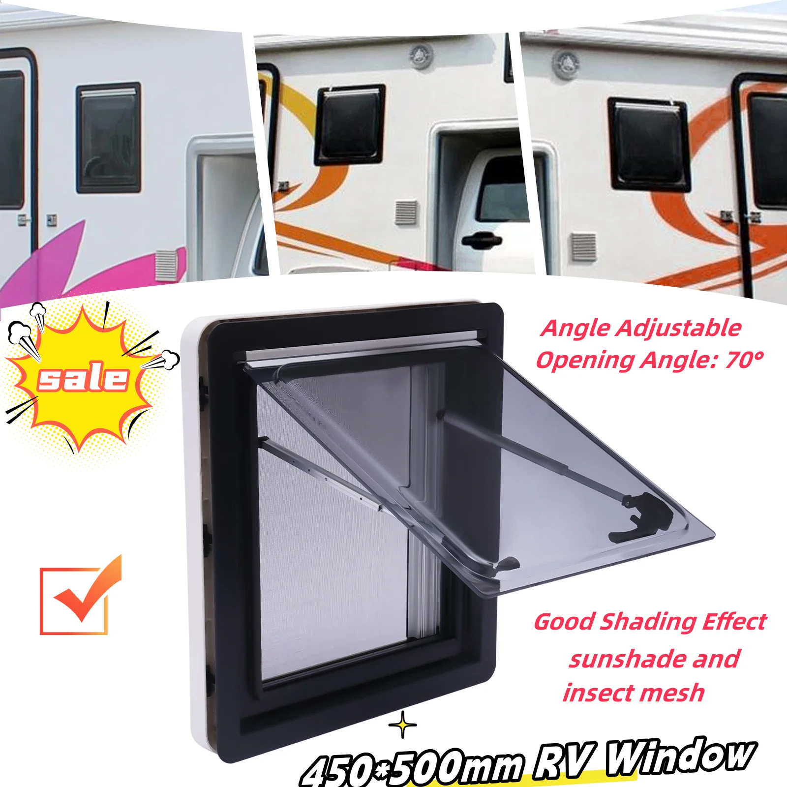 450*500mm RV Window Caravan Extrapolated Ventilation Window Angle Adjustable Opening Angle: 70°