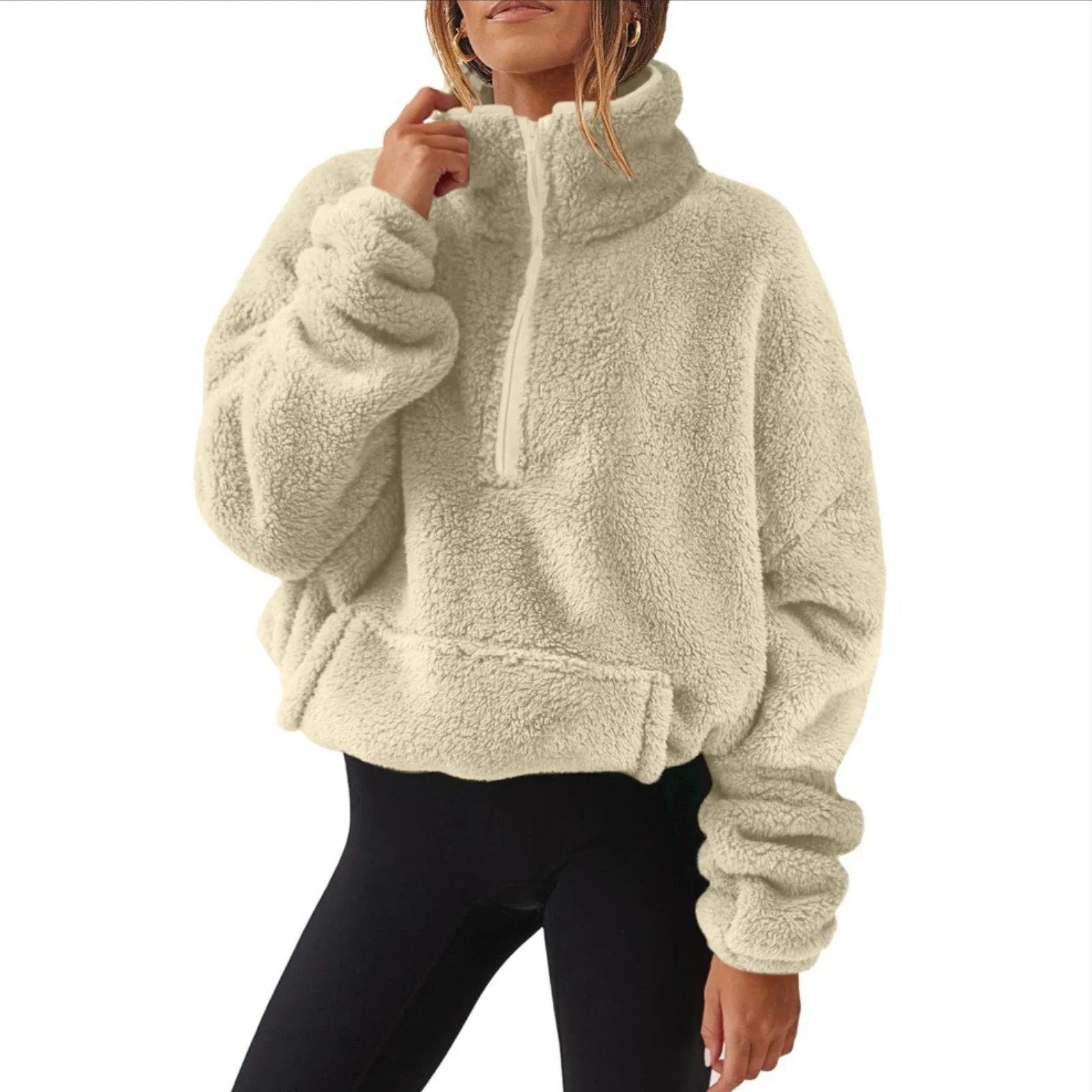 Damen-Sweatshirt mit halbem Reißverschluss, aus Sherpa-Fleece, kurz geschnitten, mit Stehkragen, langen Ärmeln, lockerer Passform, warm, lässig, für den Winter, Teddy-Stil, mit Tasche. – Detail 6