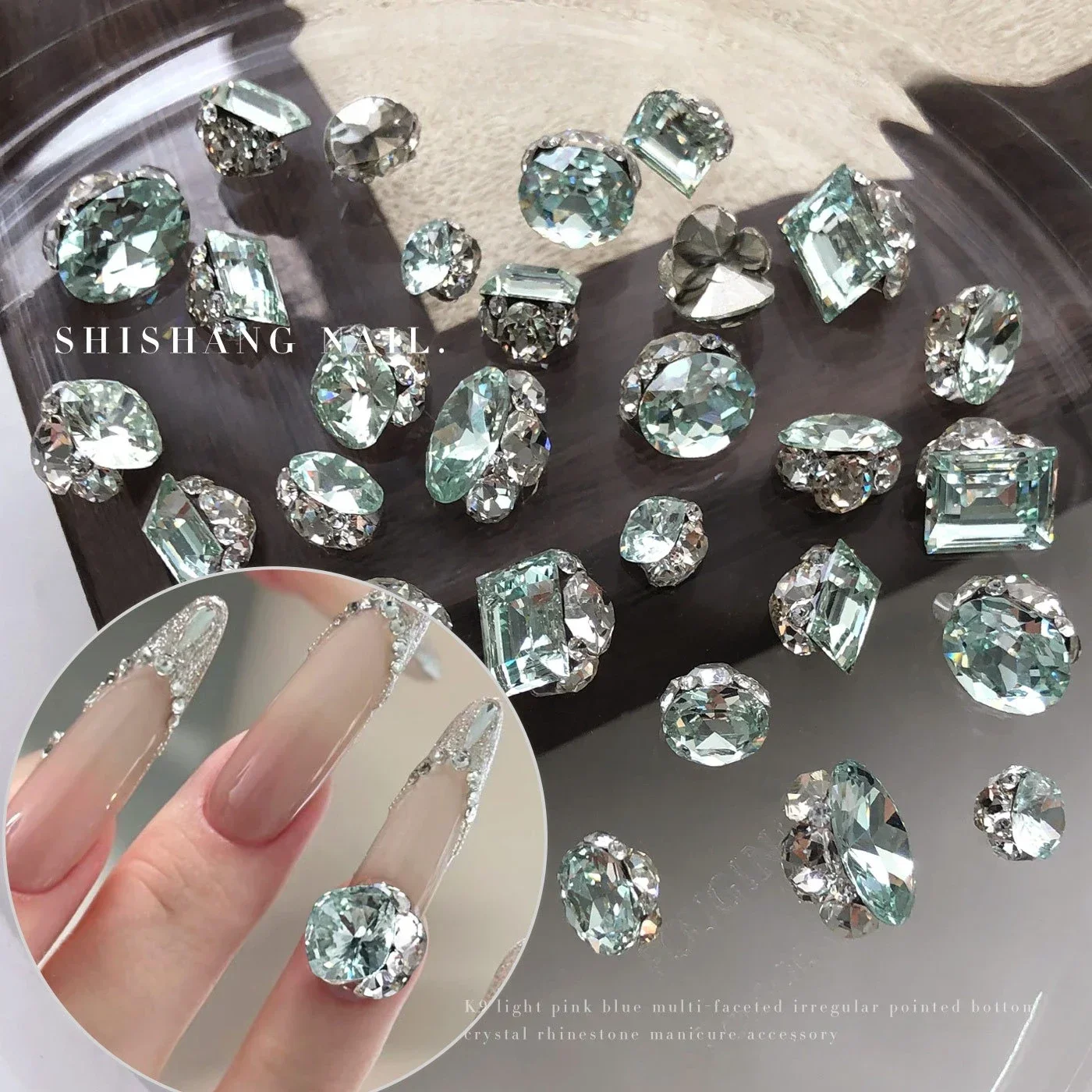 1Pcs Light Pink‑Blue K9 Crystal Rhinestone Cluster Sparkly No‑base Oval Square Pre‑made Rhinestone Ball for DIY Nail Decorations