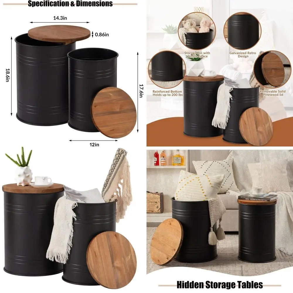 Pair of Galvanized Metal and Wood-Top Farmhouse Side Tables, Storage Coffee Table Stool for Living Spaces in Black