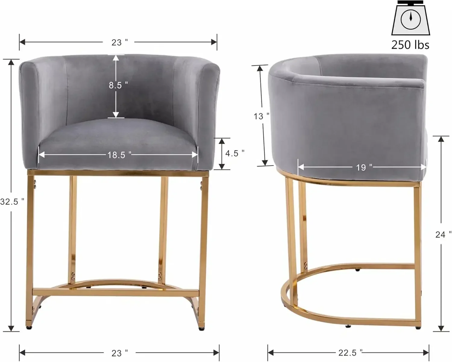 مقعد بارتفاع منضدة مخملية مع ظهر وأذرع منجدة ووسادة مقعد بإطار معدني ذهبي لجزيرة المطبخ #3