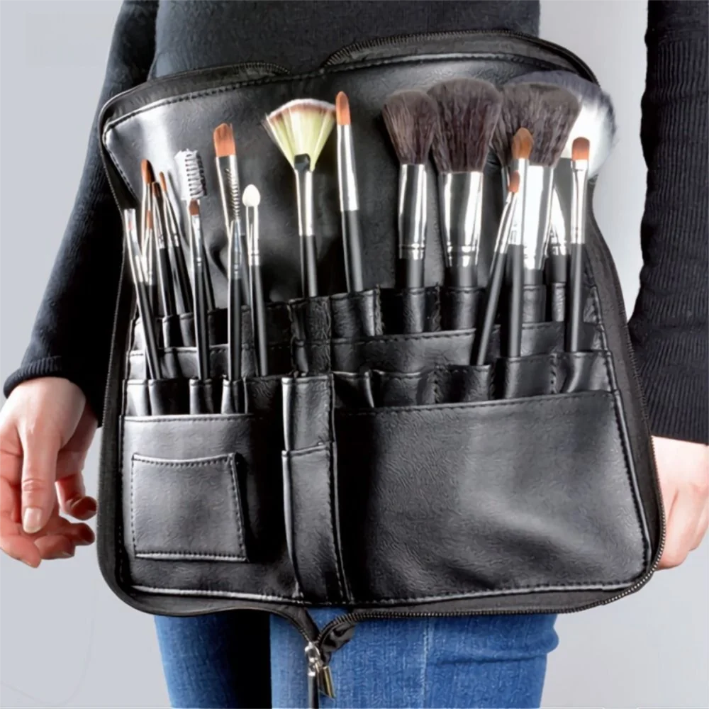 24 Pockets Makeup Brushes Waist Bag Foldable PU Leather Travel Brush Organizer Large Capacity Zipper Closure