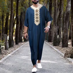 2024 Men‘s Jubba Thobe Islamic Clothing Ramadan Men's Abaya Jumpsuit Long Robe Saudi Wear Musulman Caftan Jubah Dubai Jumpsuit