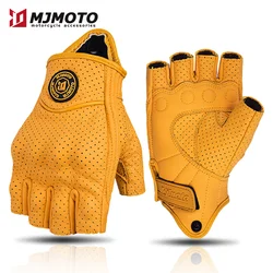 Classic Vintage Perforation Leather Motorcycle Gloves Half Finger Protected Moto Motocross Racing Glove Fingerless Summer Yellow